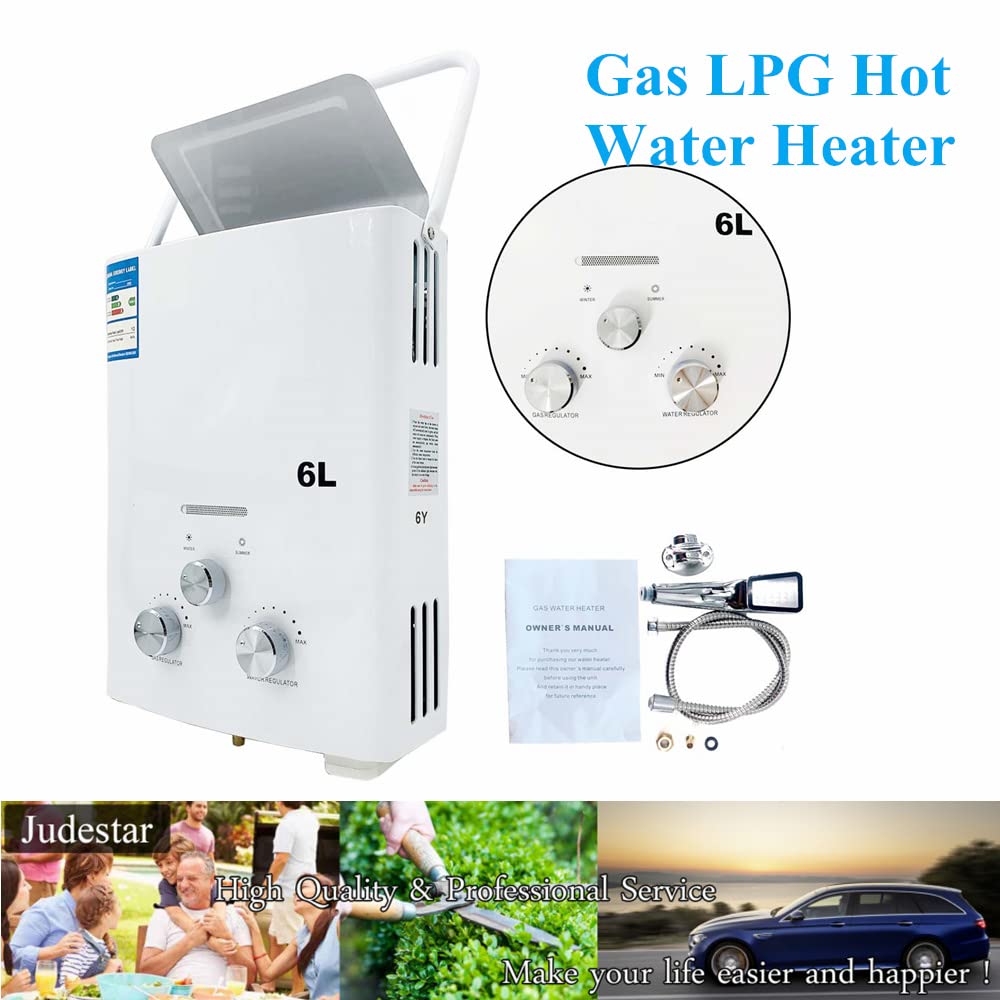 LPG Propangas Warmwasserbereiter Durchlauferhitzer Gas 6L 12KW, Tragbarer Tankloser Kesselbrenner mit Duschkopf-Kit für Kleine Häuser Segelbootkabinen für Wohnmobile Camping, White