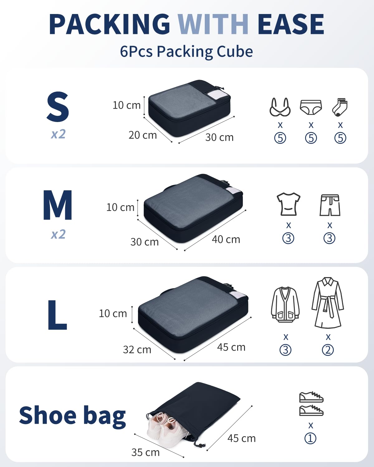 ECOHUB Koffer Organizer Set, 6-teilige Packing Cubes mit ID-Tag, Recycelte Packwürfel für Reisen, Leichte Packtaschen für Koffer, Atmungsaktiver Travel Rucksack Organizer, Patent anhängig (Marineblau)