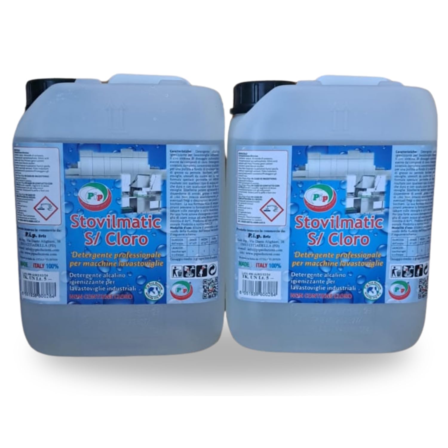 PIP Detergente Lavastoviglie Professionale Stovilmatic, Detersivo Stoviglie Industriale, Lavapiatti, Bicchieri, Pentole, Disincrostante, Anticalcare, Senza Cloro, Tanica UN LT.5, set 2 pezzi Kg.12
