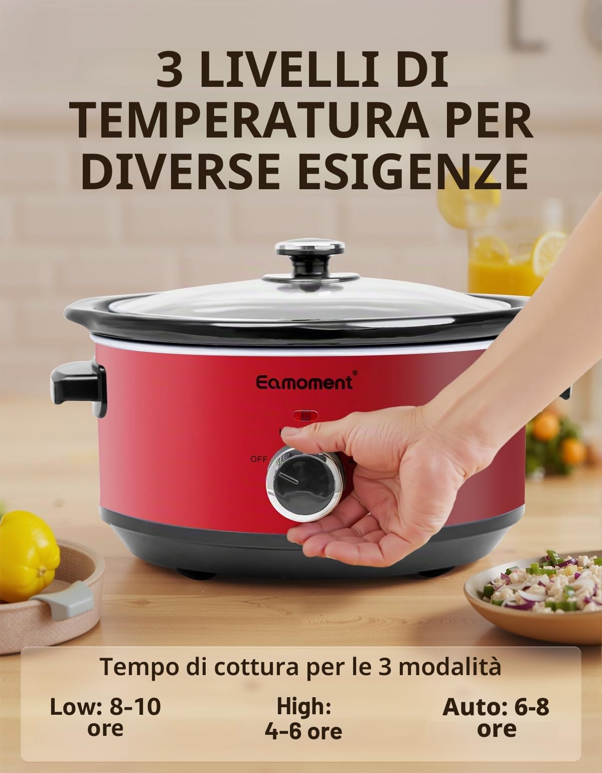 3,5L | 200W slow cooker con 3 impostazioni di calore e indicatore di potenza, lavabile in lavastoviglie e con manici, coperchio in vetro facile da pulire (rosso)
