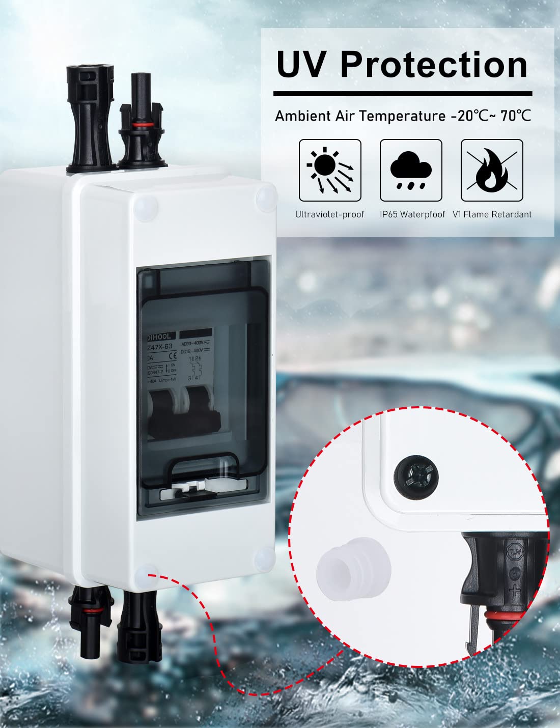 DC Trennschalter PV Anlage Leitungsschutzschalter Sicherungsautomat 2 Polig 60A 12V (12V-400V) Mit Kabel Solarstecker IP65 Wasserdicht Gehäuse