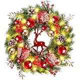 Quntis Lighted Christmas Wreath Front Door - 16'' Reindeer Winter Wreath with 8 Modes Timer, Red Gold Balls, Snowflakes, Pine Cones, Berries for Indoor Outdoor Holiday Windows Fireplace Mantel Porch