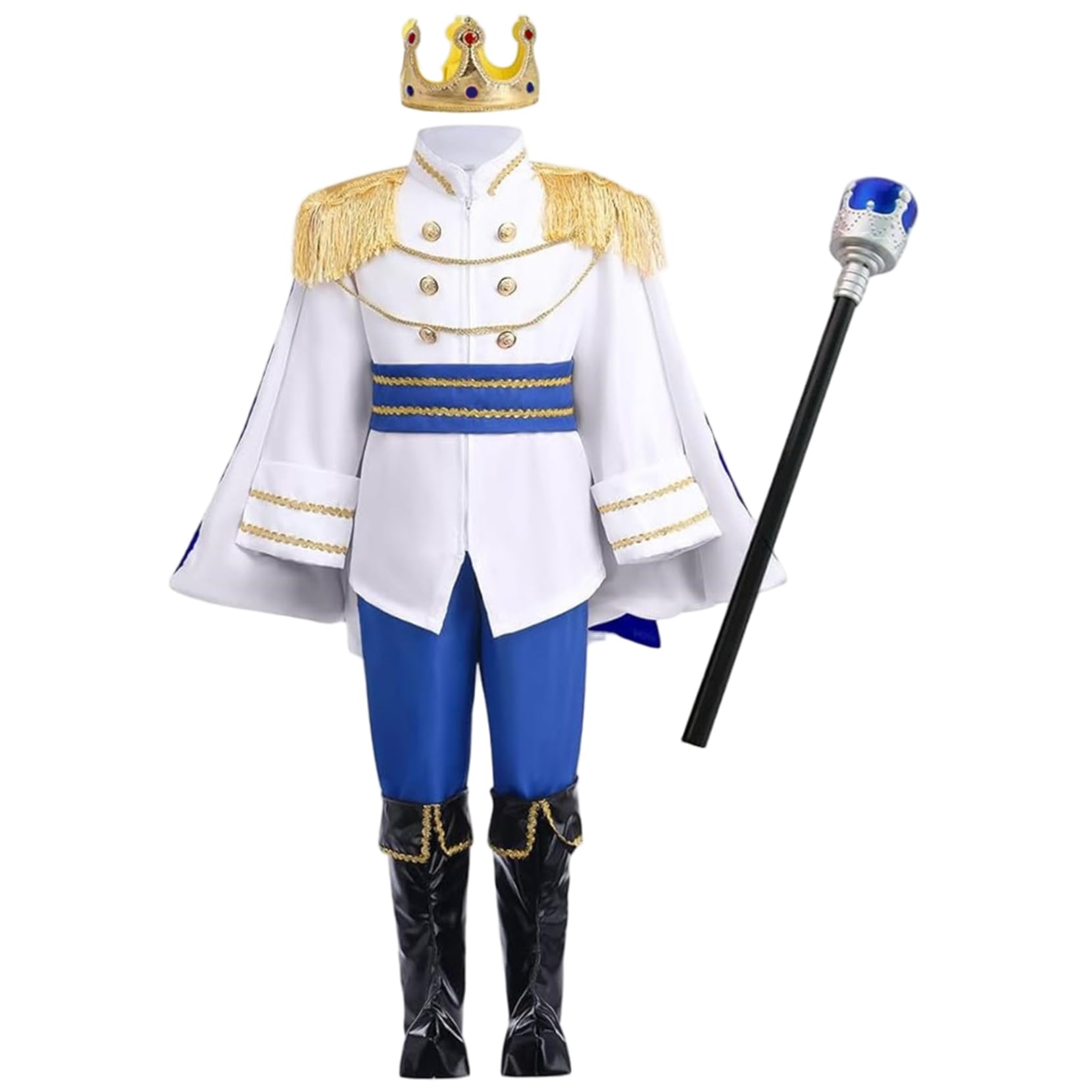 Tsawntd Prince Costume for Boys Long Sleeve Tunic Top Prince Charming Costume Boys with Crown & Cane Full Set for Cosplay, Dress-Up Party, Role Play, 130cm