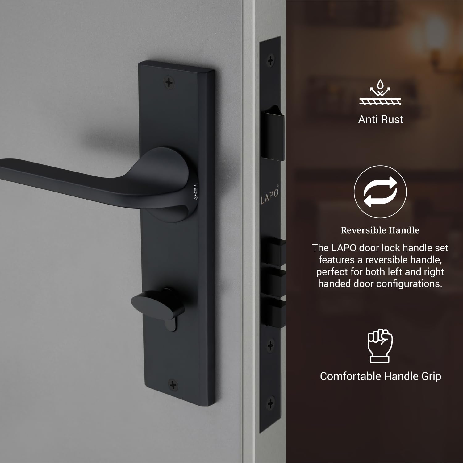 LAPO Mortise Door Lock for Home Main Door & Bedroom with Handle - Left-Right Fit 30-50mm Door Home Office Hotel - Heavy-Duty 70mm Cylinder - 50x85mm Body - 3 Brass Keys | Black Finish | CY-127 — Amazon image 7