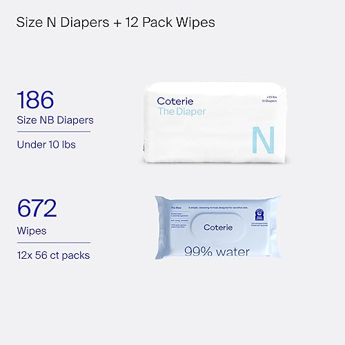 Miniatura 7 de Coterie Kit de toallitas y pañales para bebés, pañales para recién nacidos (186 unidades) y paquete de 12 (672 unidades) toallitas para bebés con