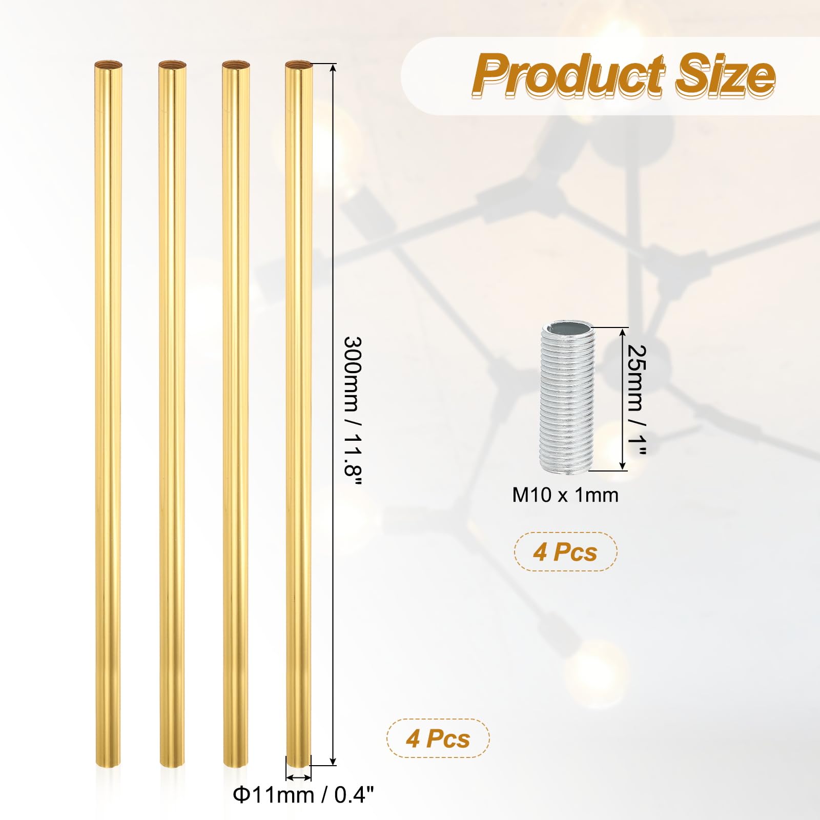 PATIKIL Threaded Extension Rod, 4 Sets 12″ M10 x 1mm Fine Thread Lamp ...