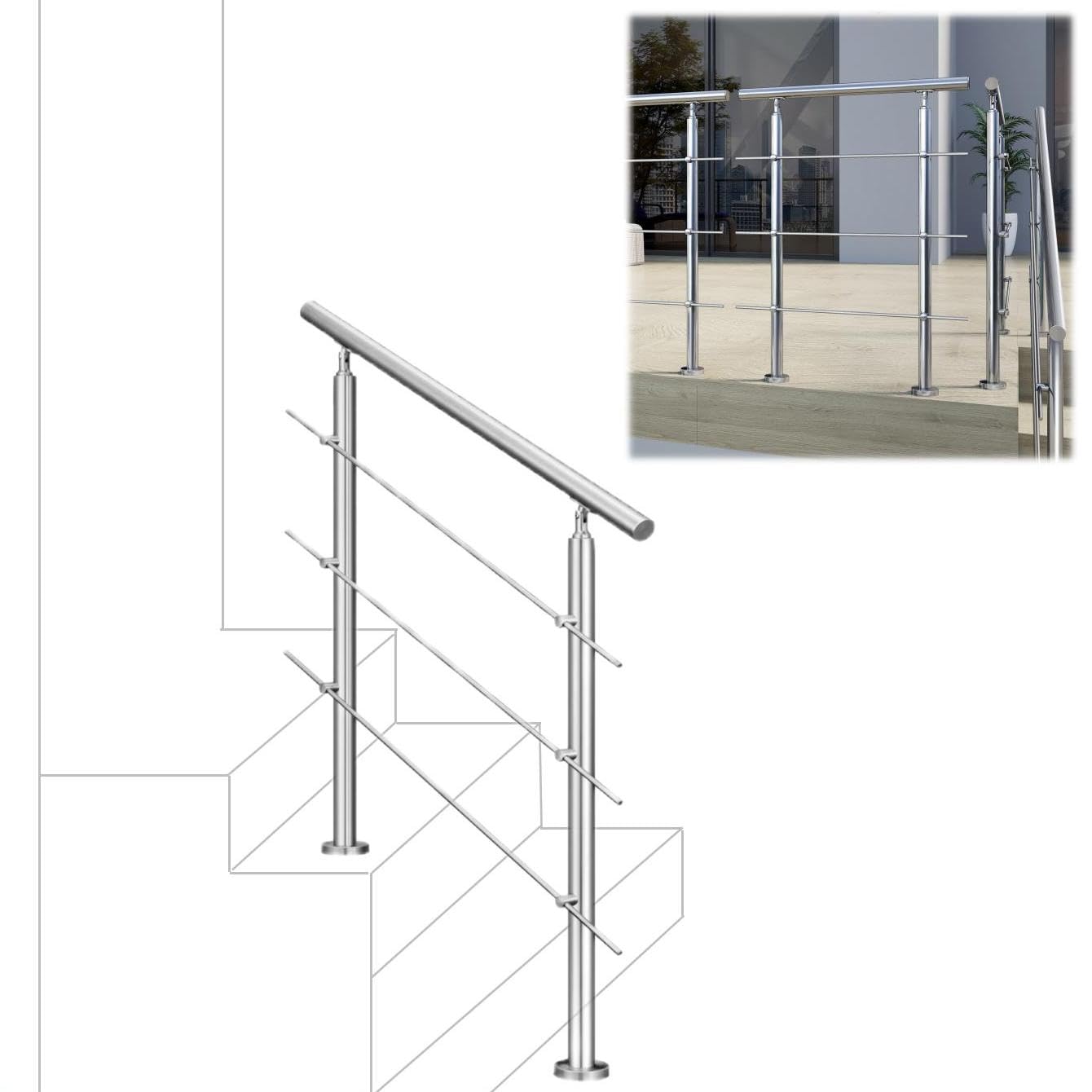 80cm 304 Stainless Steel handrail with 3 crossbars Balustrade Stair/Step for Outdoor and Indoor