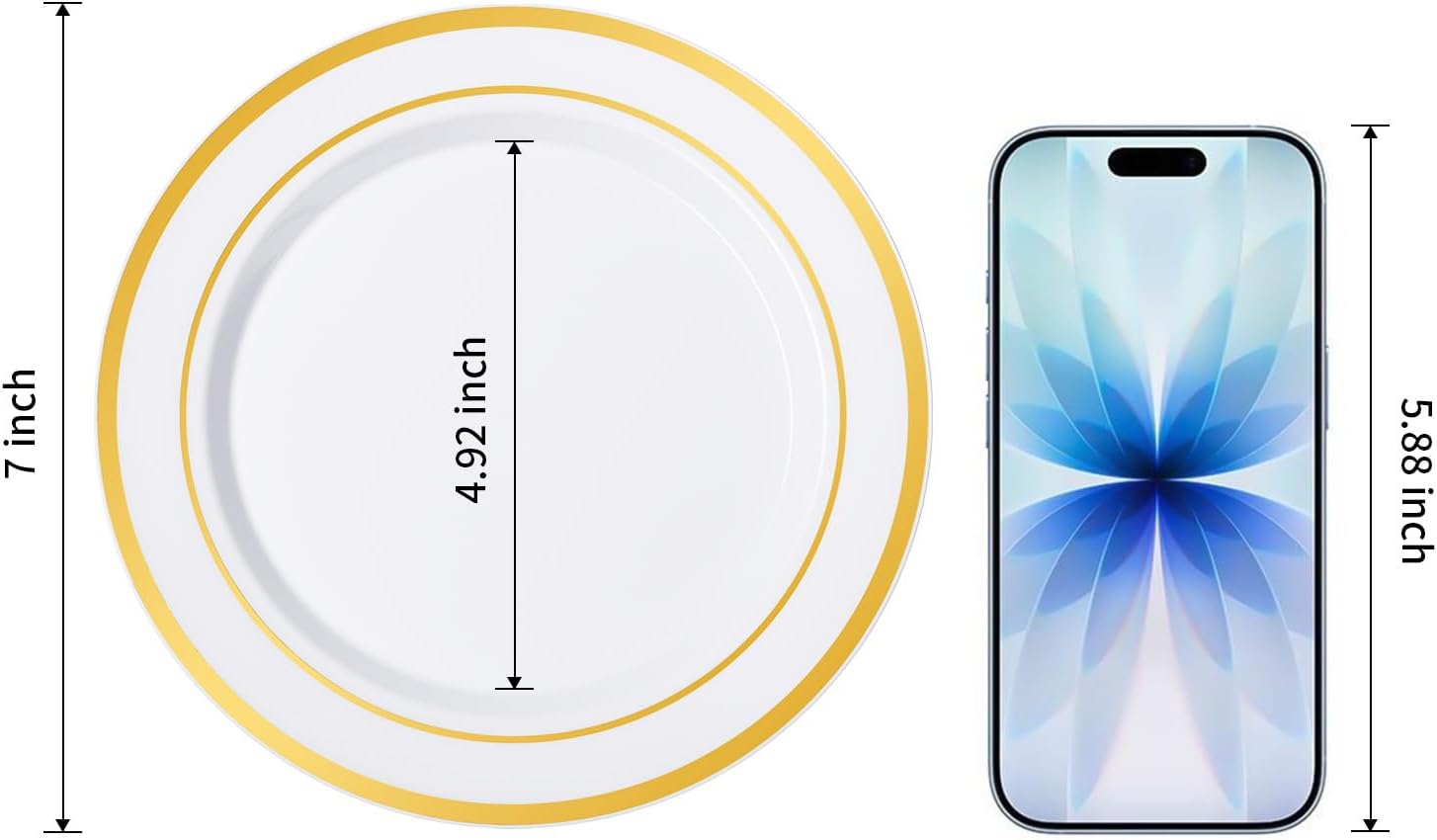 BESTVIP 100PCS Gold Plastic Plate, 7 Inch Disposable Dessert Plate Party with Gold Rim, Heavy Duty Disposable Plastic Plates for Party, Wedding and Birthday