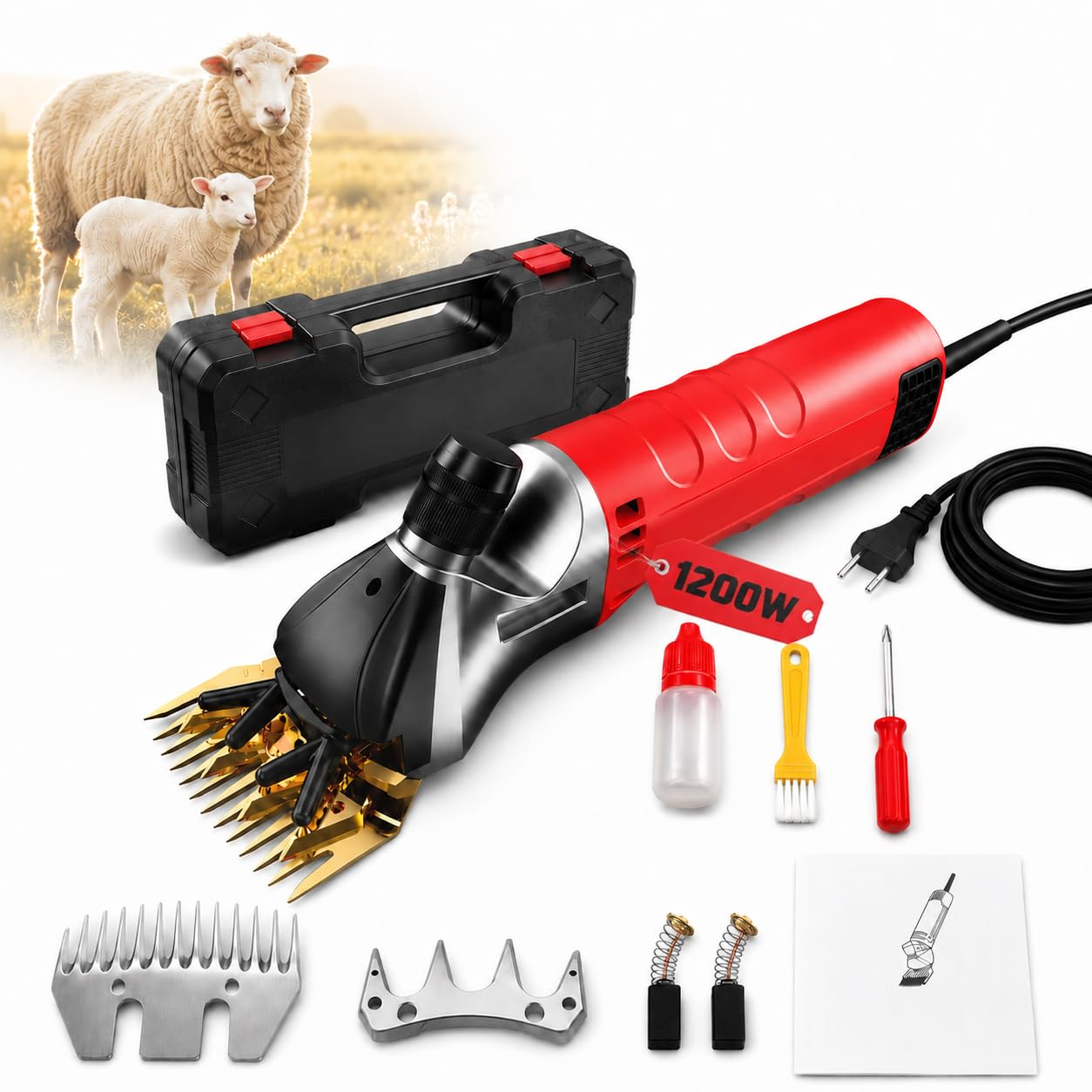 1200W Elektrische Schafschere, mit 13-Zahn-Klinge, Set im Koffer | High-Power Schafschermaschine, 6 Geschwindigkeiten, für Alpakas, Tiere, Schafe, Ziegen, Rot