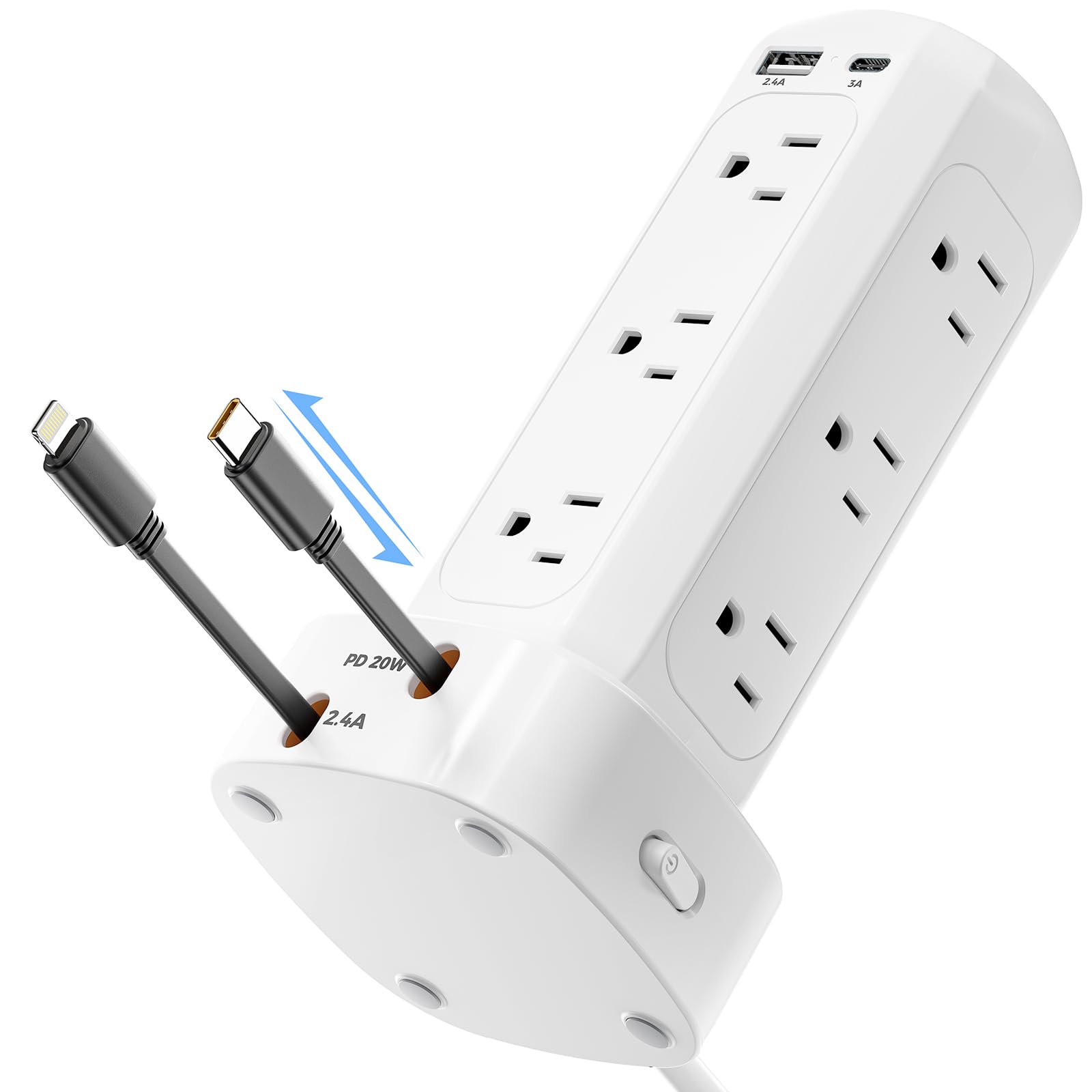 [2025 Upgraded] Power Strip Tower with Retractable Charging Cable, SUPERONE Surge Protector Tower with PD20W USB C and 12 AC Outlets, Flat Plug 6 FT Small Fast Charging Station for Home Office - White