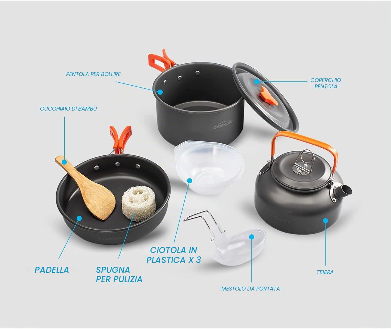 OVERMONT 14 PCS Campeggio Pentole Utensili Set da Cucina Outdoor Bollitore Padella Pentola Portabile per Picnic Campeggio Trekking Escursione 1-3 Persone