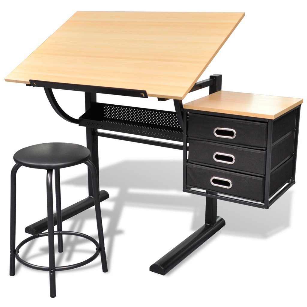 Anself - Mesa De Dibujo con Cajones Y Taburete, Escritorio Inclinable con Silla Y Tablero para Pintar Escribir