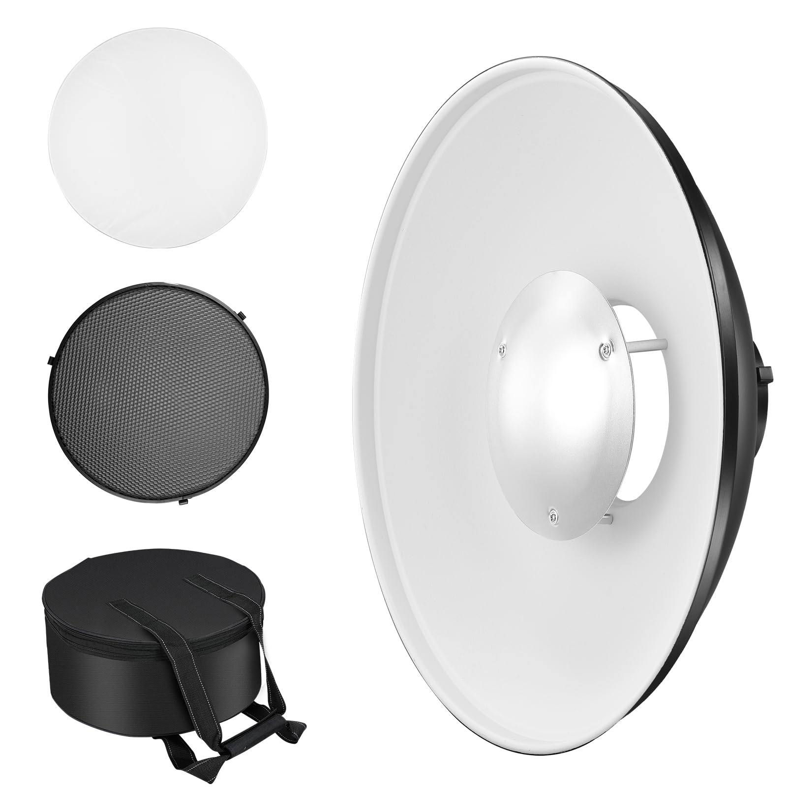 Soonpho Bol de beauté en métal 55 cm, réflecteur Bowens avec grille en nid d'abeille noir, diffuseur blanc et sac de rangement, réflecteur stroboscopique pour studio photo compatible avec NEEWER Godox