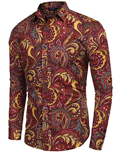 COOFANDY Men's Paisley Cotton Long Sleeve Shirt Floral Print Casual Retro Button Down Shirt2