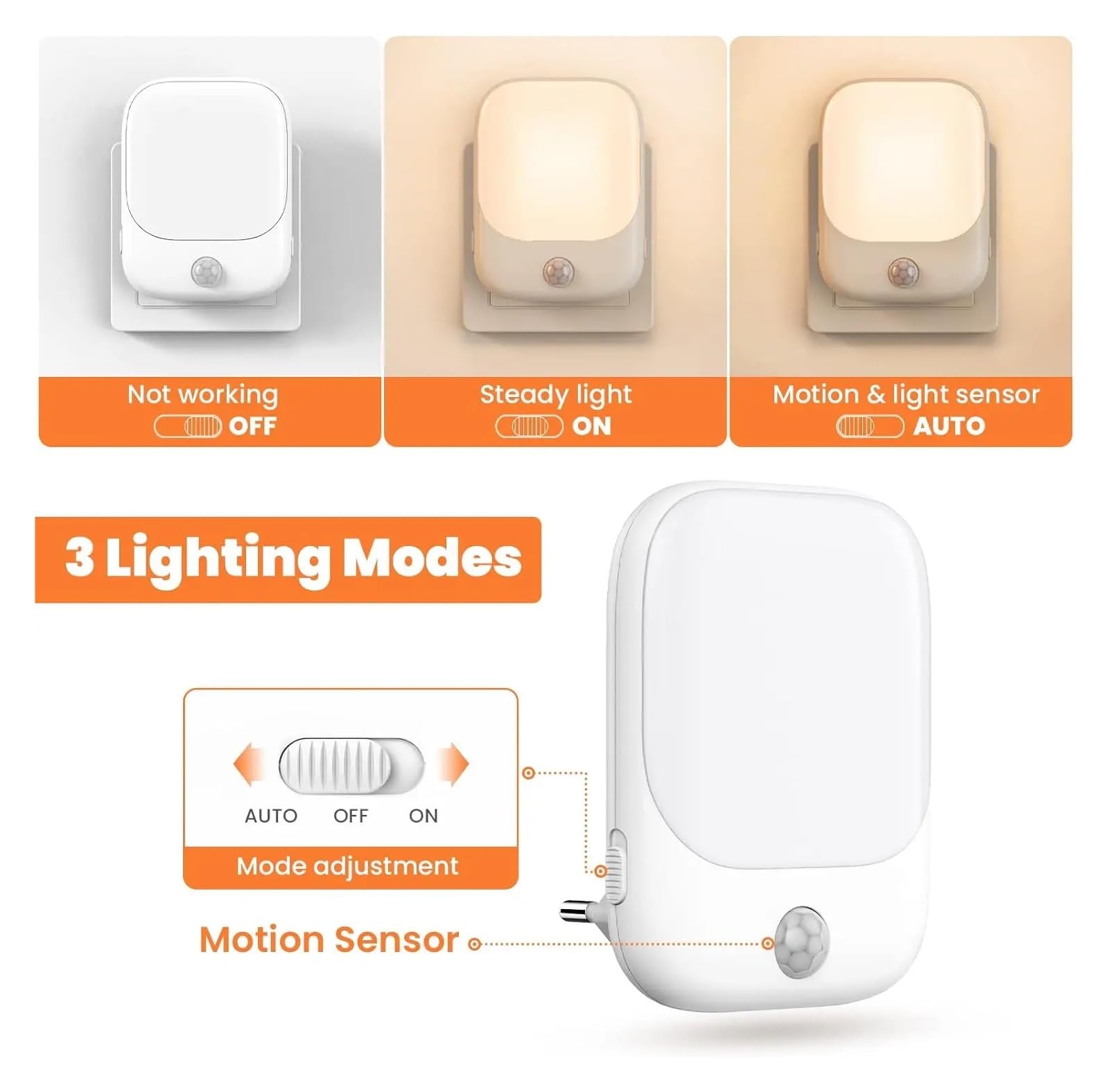 Luces LED nocturnas con Sensor de movimiento for dormitorio de niños, lámpara inalámbrica regulable con Sensor de atardecer y amanecer, enchufe europeo, 1 ud./2 uds.