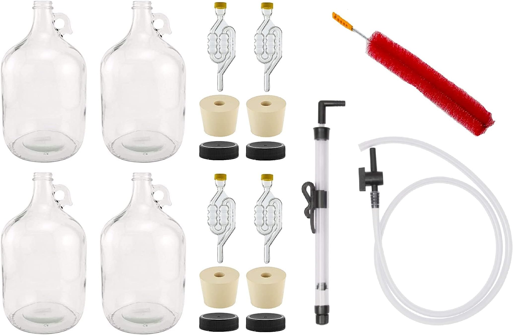 1 Gallon Glass Jug, 6.5 Stopper, Airlock, Lid-Set of 4 -With Siphon Set  & Brush