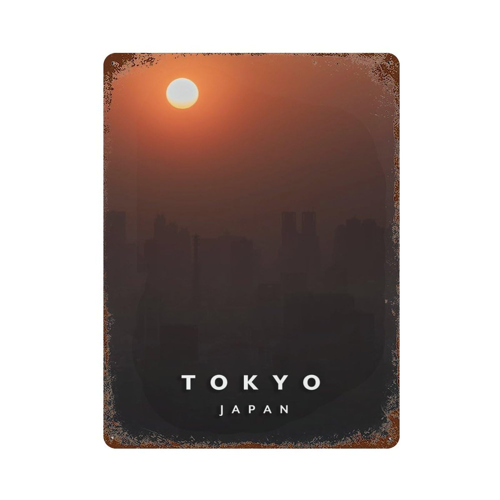 Vintage Rust Metal Sign Sunset on Tokyo 15.7"x11.8", Decorative Metal Wall Art for Basement, Hobby Room And Garage Decor