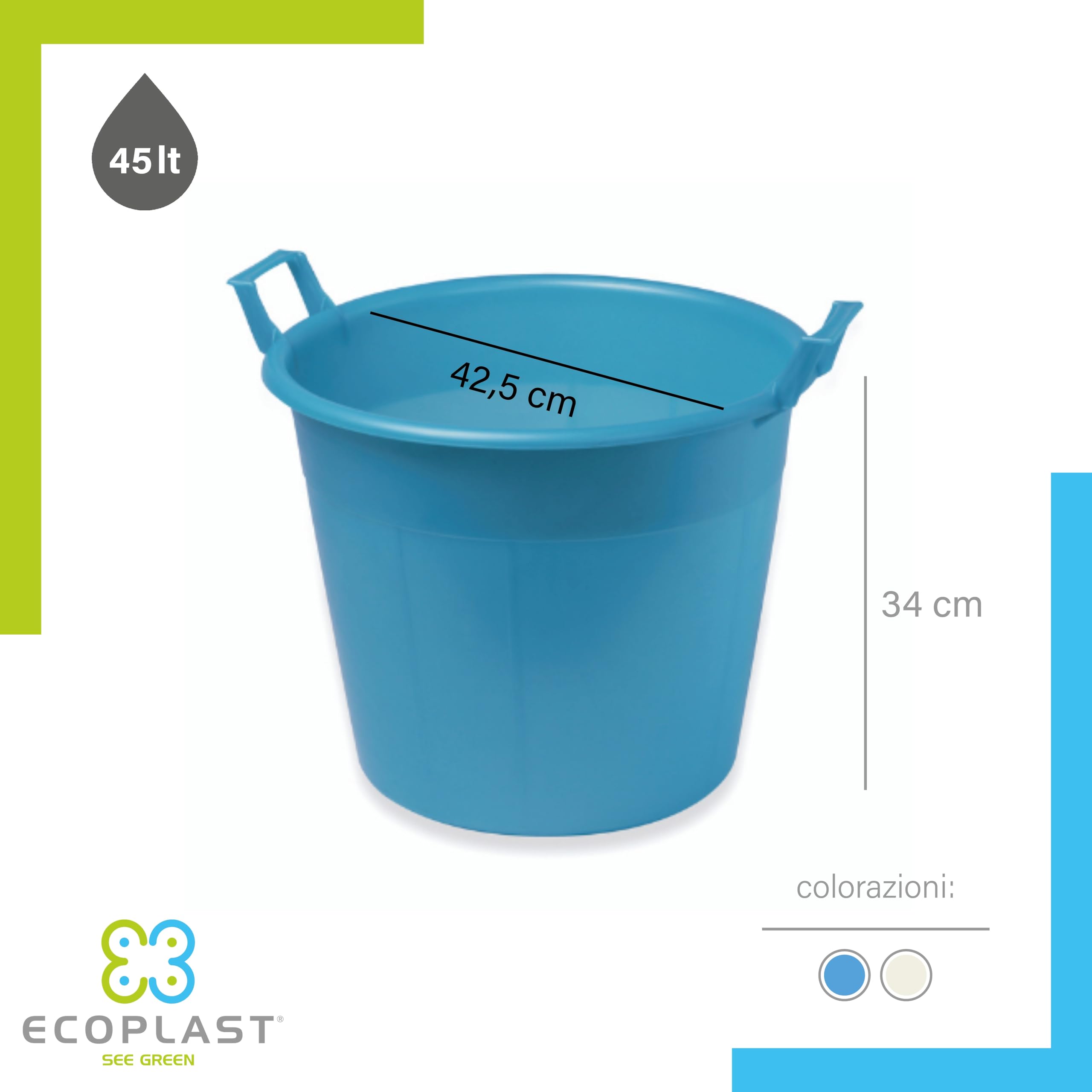 Ecoplast | Mastello in Plastica Grande con Manici 45 Lt, ø42,5x34, Azzurro/Neutro, Made in Italy