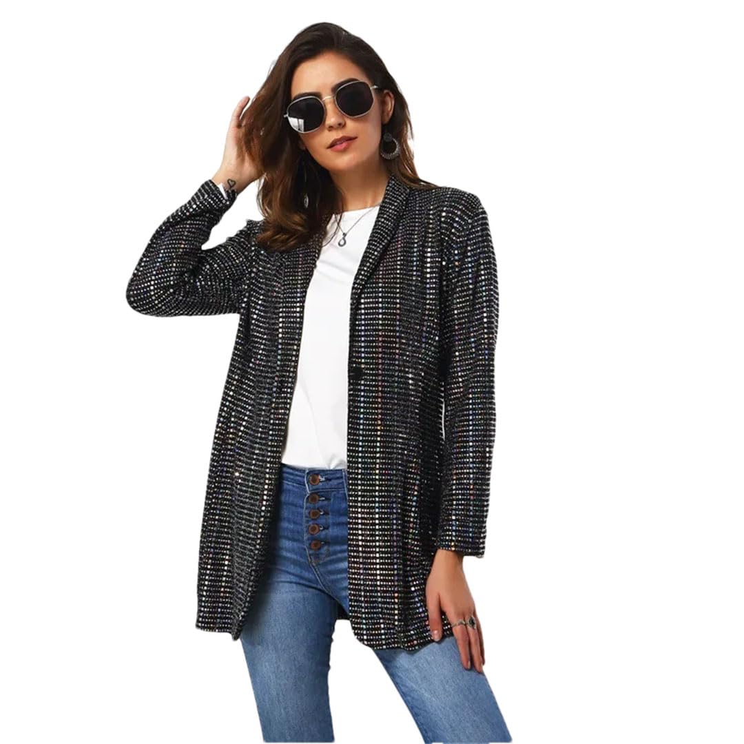 Black Sequin Blazer and Jackets for Women Slim Fit Single Button Lattice Top Lady Blazer