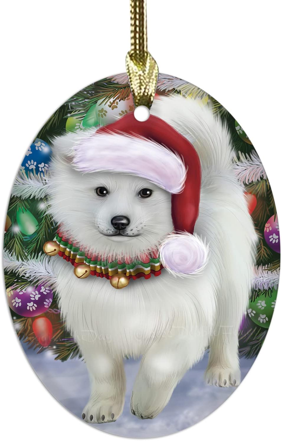 Christmas Trotting in The Snow American Eskimo Dog Oval Glass Christmas Ornament- 3.75" x 2.75" Oval Pet Decorative Hanging Ornaments for Christmas X-mas Tree Decorations, OGO50929