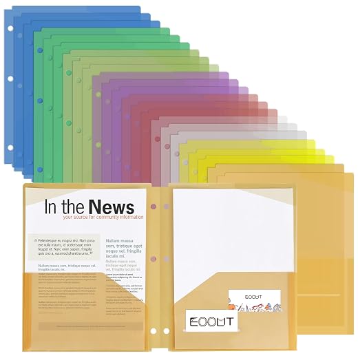 EOOUT 24pcs Folders with Pockets 3 Hole Punched, Folders Fit in 3 Ring Binder, Plastic Pocket Folder, Binder Folders for Office and School, Letter Size, 8 Pastel Colors