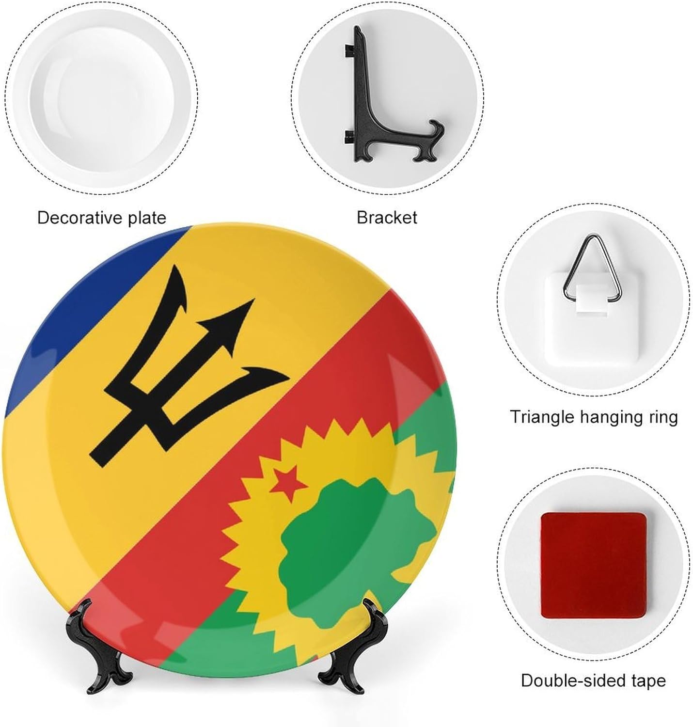 Barbados & Oromo Liberation Flag Novelty Decorative Plate with Display Stand Ceramic Ornament Hanging Wall Decor