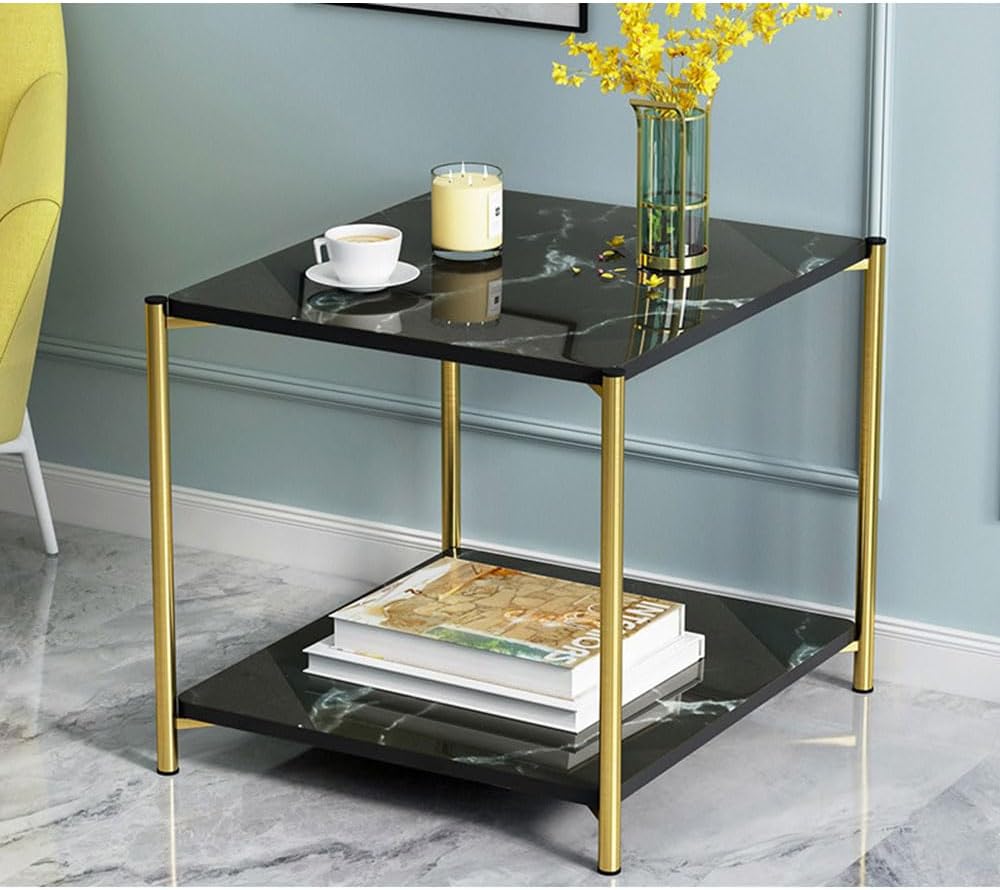 IEW End Table, Round Coffee Table with Square Storage Rack, Stylish Sofa Side Table Tea Table for Living Room, Metal Frame Bed Beside Nightstand for Bedroom, Small Snack Desk for Home Office (Black 2)