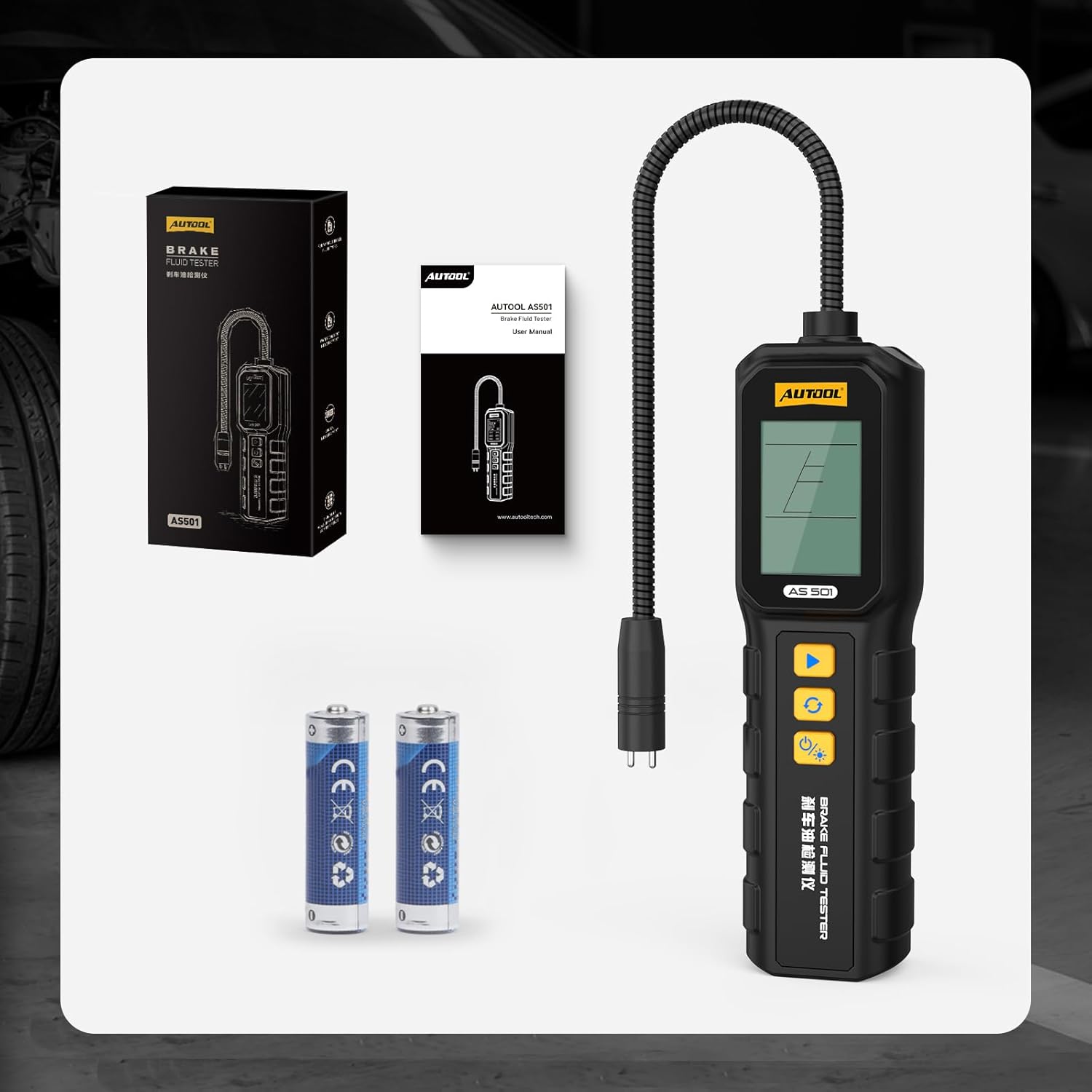 AUTOOL Brake Fluid Tester, Brake Fluid Moisture Detector with 10-Inch Corrosion Resistance Probe for DOT3/DOT4/DOT5/DOT5.1/ENV4/ENV6 with Backlit Display (AS501)