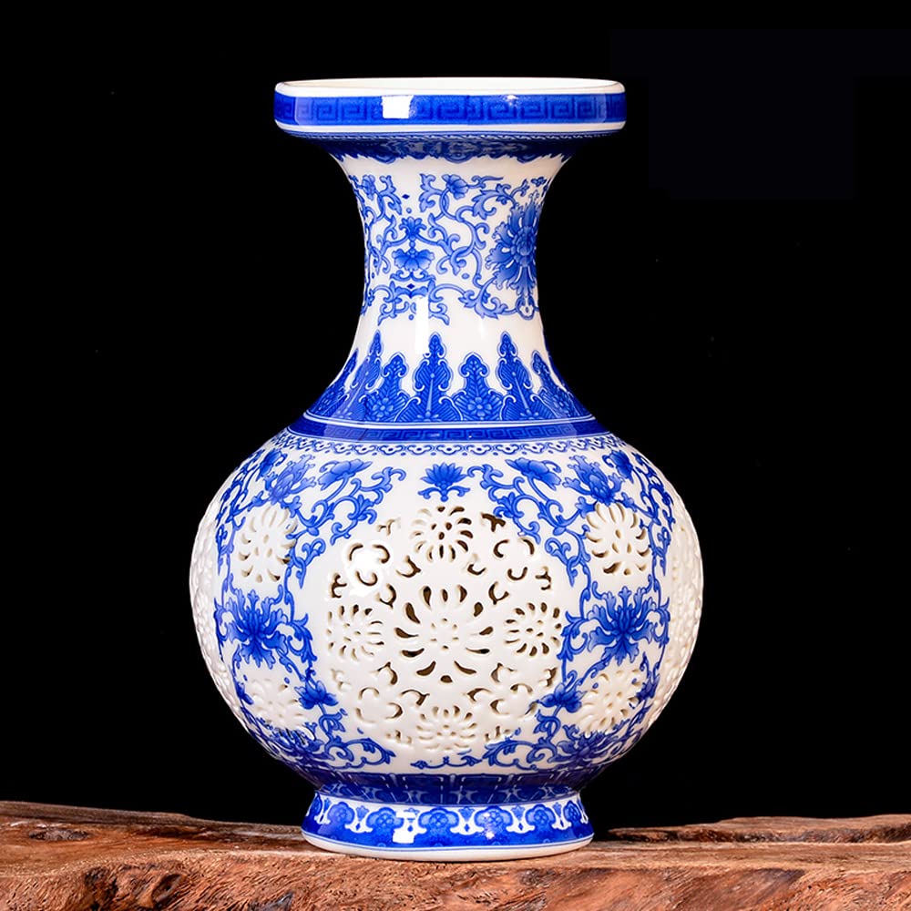 DFGHNBVC Chinoiserie Jingdezhen Porcelain Blue And White Porcelain Hollow Out Vase Flower Arrangement New Chinese Style Sitting Room Porch TV Ark Adornment Places,F