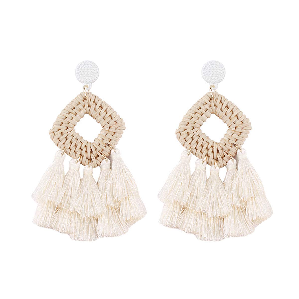 Bohemia Tassel Earrings Statement Handmade Dangle Ethnic Fringe Earrings Bamboo Weaving Geometric Square Sector Gifts for Women