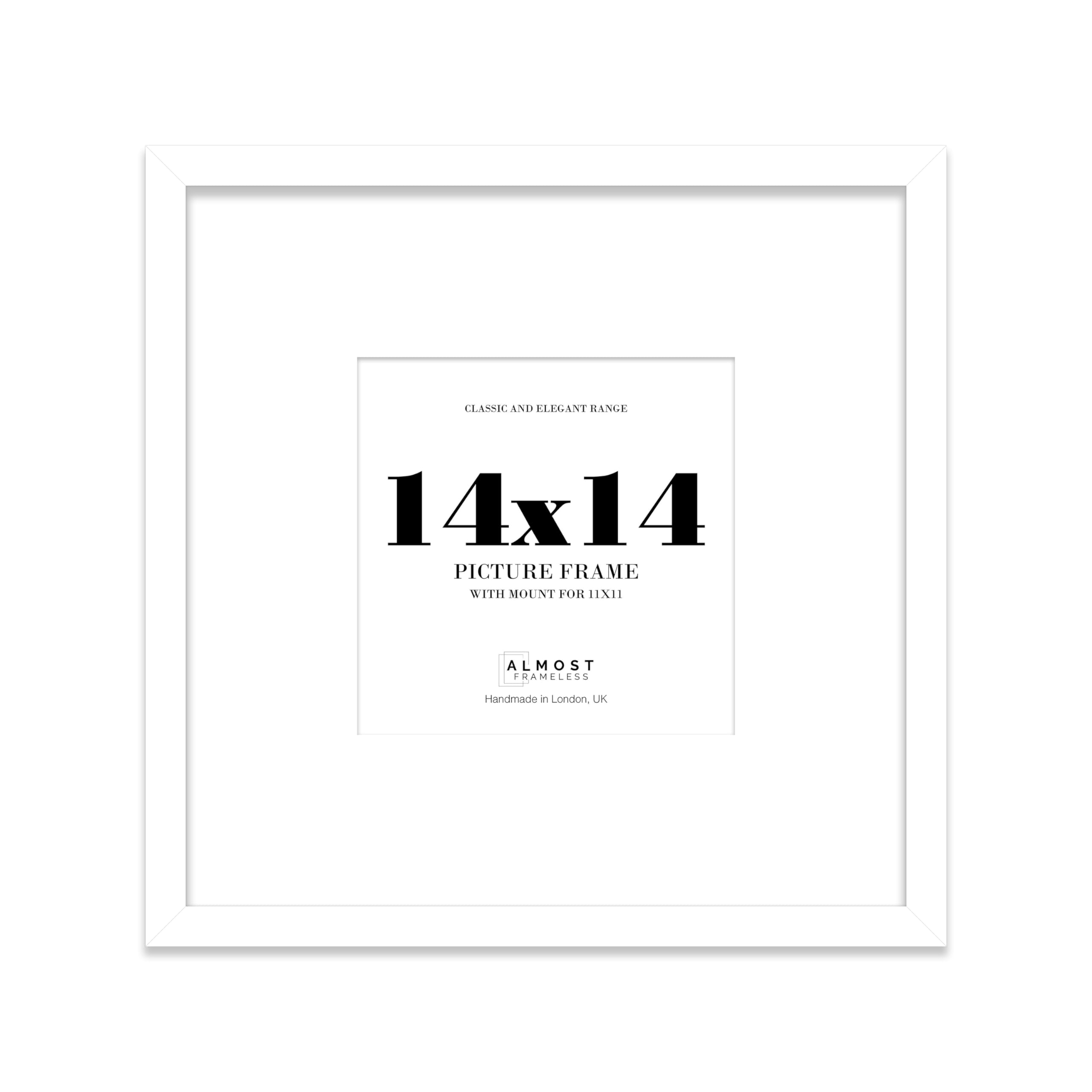 Almost Frameless 14x14 Square Picture Frame, Display Pictures 11x11 With Mat or 14x14 Without Mat, Wall Hanging & Free Standing Photo Frame, White, 1 Pack