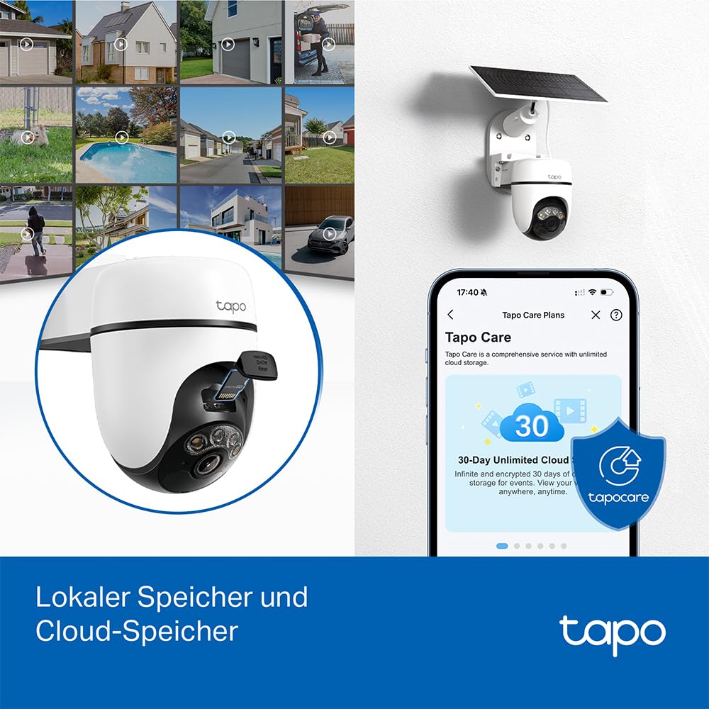Tapo C610 KIT 2K 360° Solar Überwachungskamera Außen (Akku 6700 mAh, Farbnachtsicht, WLAN 2,4 GHz, KI-Erkennung, Licht- & Ton-Alarm, lokale Speicherung über microSD-Karte oder H500-Homebase)