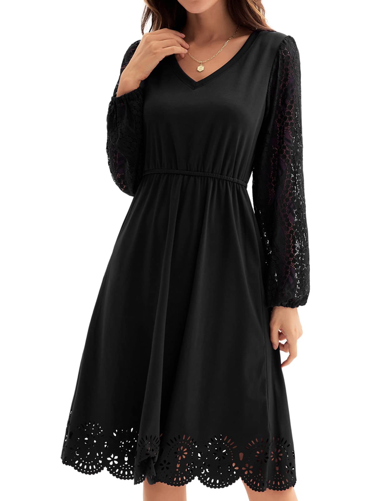 GRACE KARIN Women's V Neck Lace Short Sleeve Cocktail Dress Cut Out Swing Skater A Line Party Midi Dress