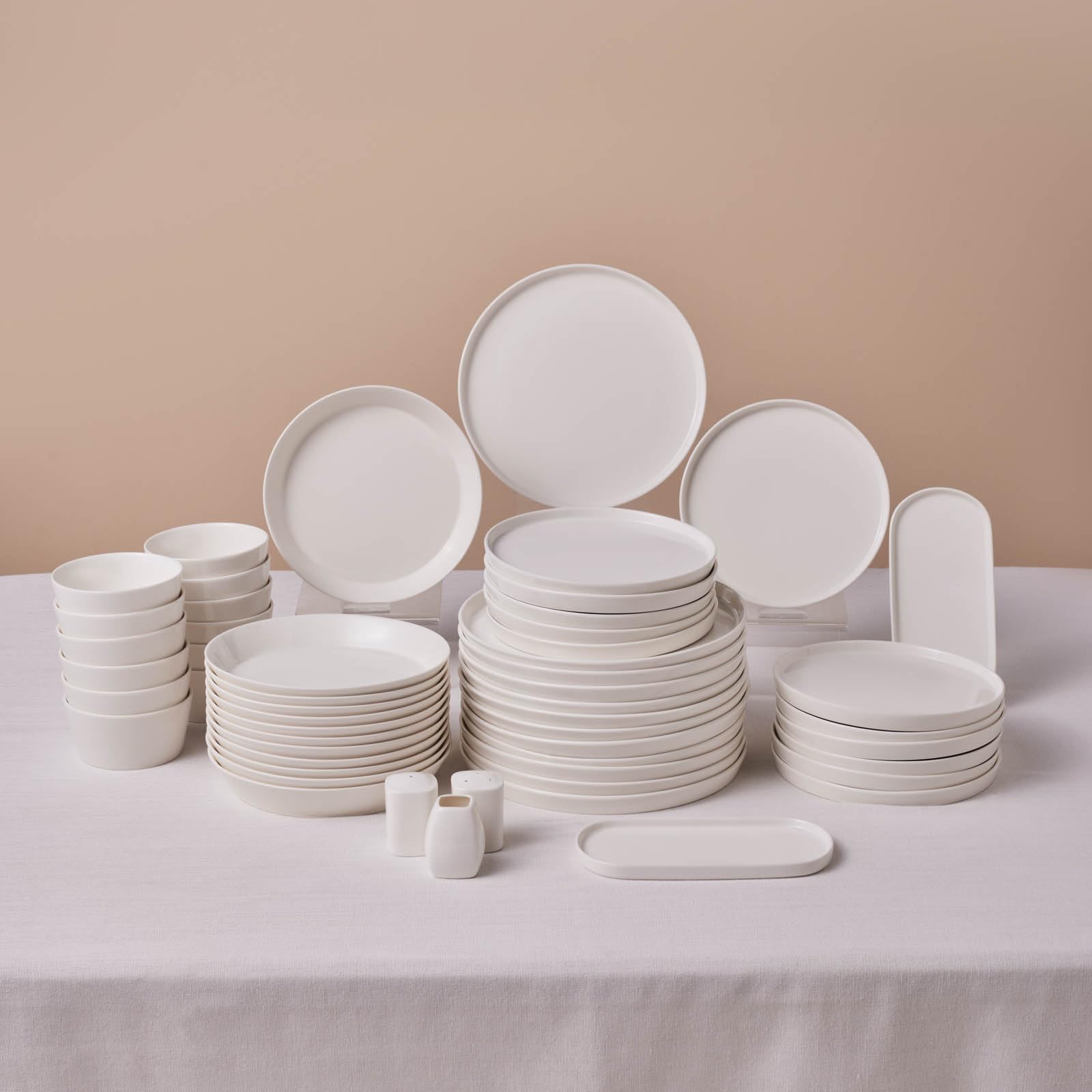 Karaca White Stream Bone China Bomo 53-Piece Dinner Set For 12 People, Pasta Bowls, Side Plates, Dinner Plates, Soup Bowls, Serving Platters, Dishwasher Safe,