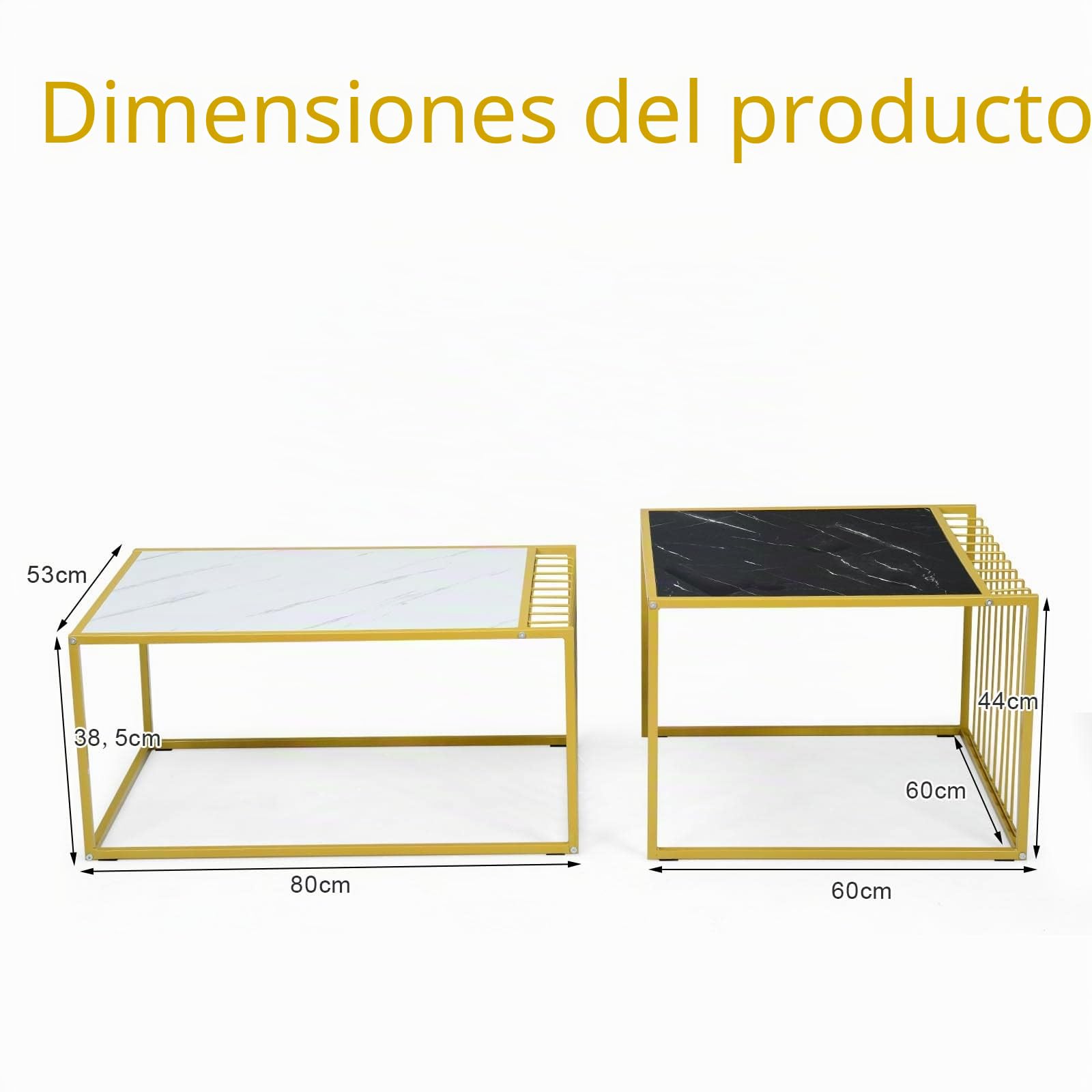 LIFEZEAL Juego de 2 mesas de café Nido con Aspecto de mármol | Mesas auxiliares rectangulares con marco de acero dorado para salón y oficina