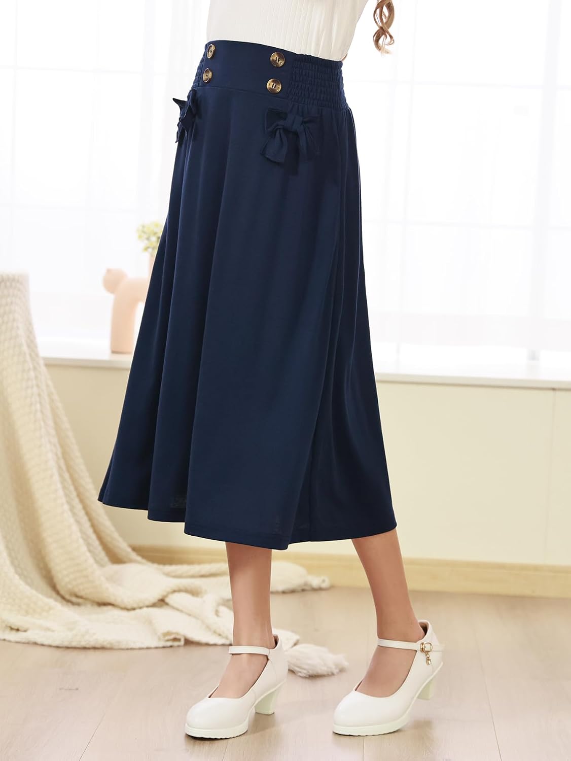 GORLYA Girls Elegant Elastic Waist Button Front Bow Knot A-Line Long Skirts with Pockets 6-16Y