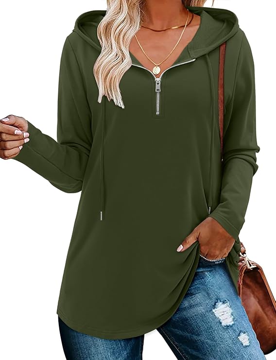 BETTE BOUTIK Womens Quarter Zip Tunic Hoodies Pullover Long Hooded Sweatshirts S-3XL