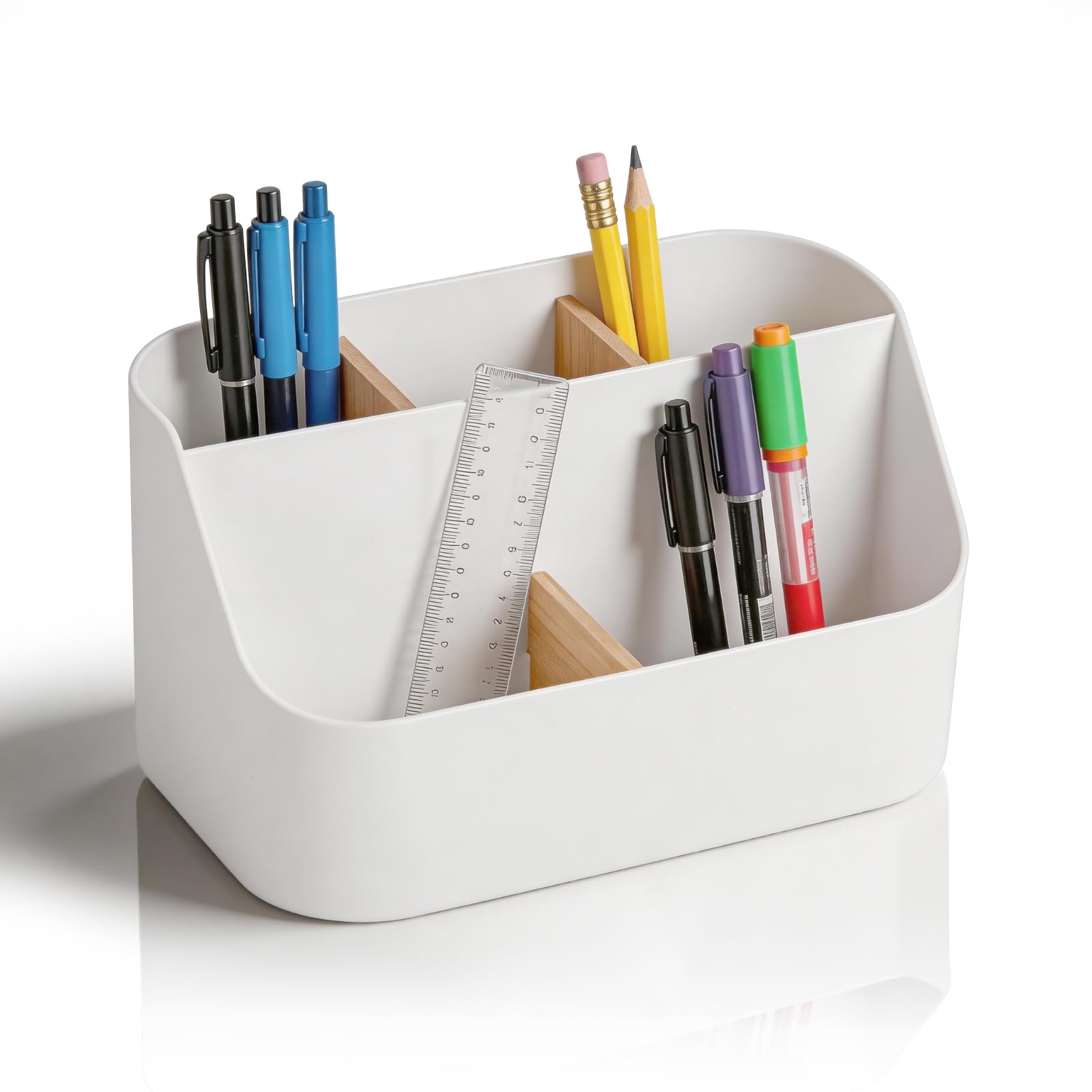TayBong Desk Organiser, 5 Compartment White Desk Tidy with Bamboo Dividers