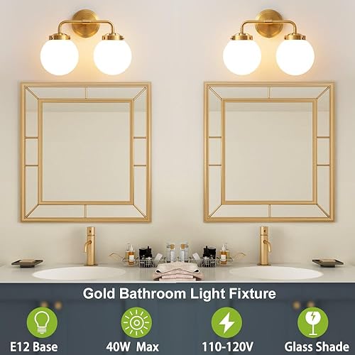 Miniatura 3 de Lámparas de tocador de baño sobre el espejo, 2 luces de latón dorado moderno iluminación de pared con pantallas de bola de vidrio lechoso,