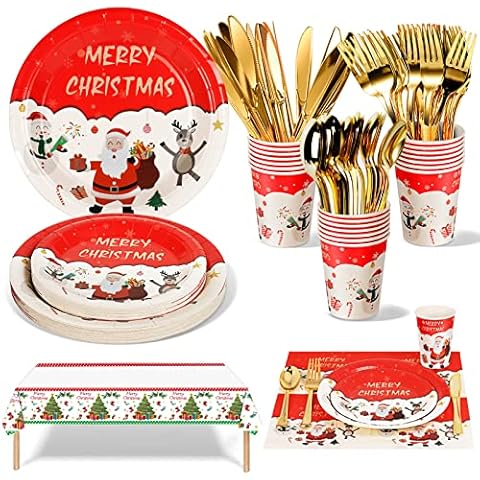 Nkaiso 141 Stück Weihnachten Partygeschirr Weihnachten Pappteller Geschirr Set Wiederverwendbar Weihnachten Deko Set Cover