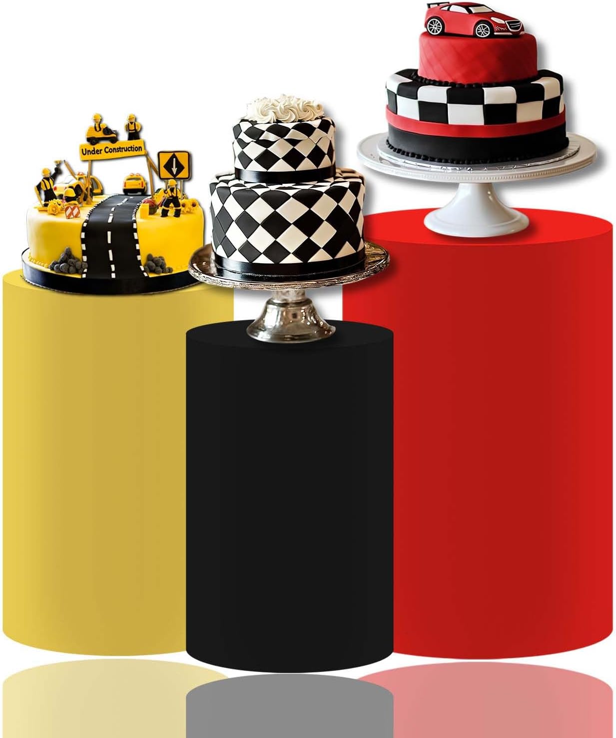 Black, Yellow, and Red Cylinder Pedestal Cover Set - 3 Sizes Vibrant Party Decorations for Carnival Theme, Birthday, Baby Shower, Dessert Table Display, or Event Backdrop Props