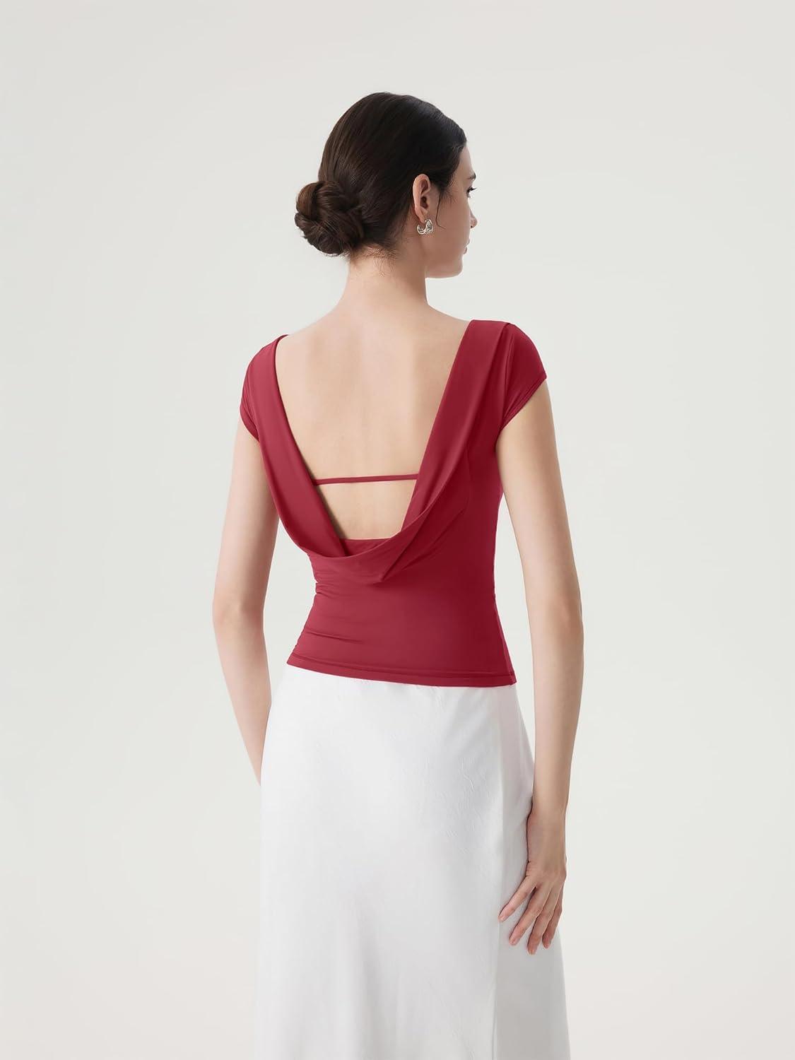 SUUKSESS Women Boat Neck Cowl Backless Top with Built in Bra Double Lined Cap Sleeve Tops Summer Going Out Shirts