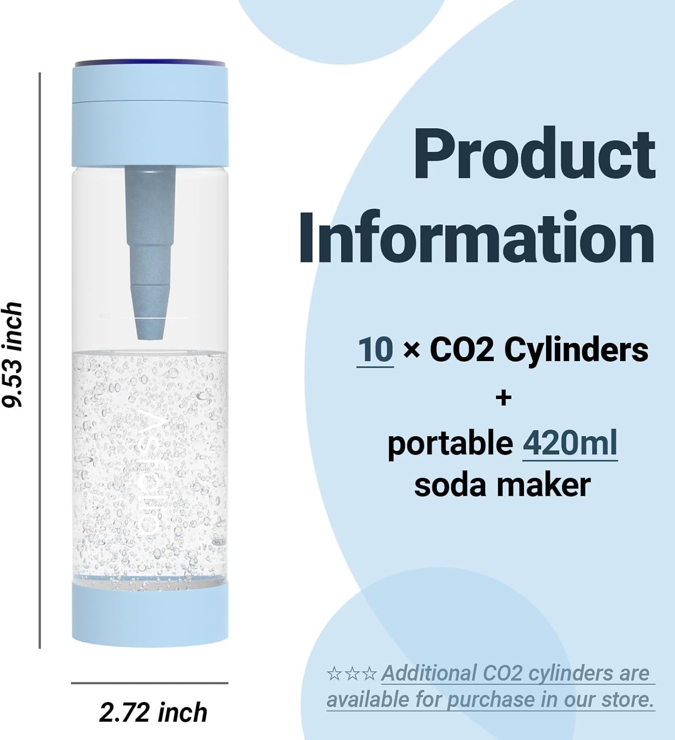 Sparkling Water Maker, SparkGo Portable Soda Maker with 420ml PET Carbonating Bottles, 60 Pack CO2 Cylinders (Blue)