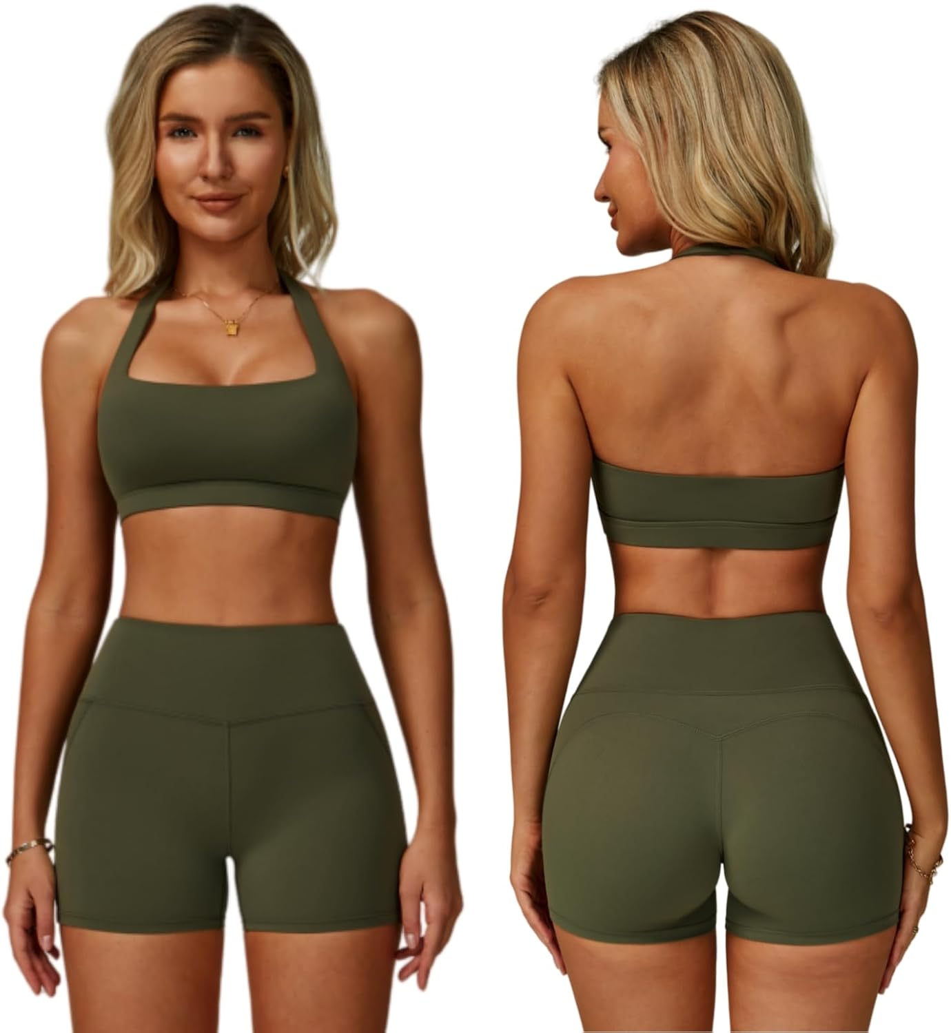 ABOCIW Workout Sets for Women Square Neck Halter Sports Bra High Waist Biker Shorts 2 Piece Gym Yoga Outfits