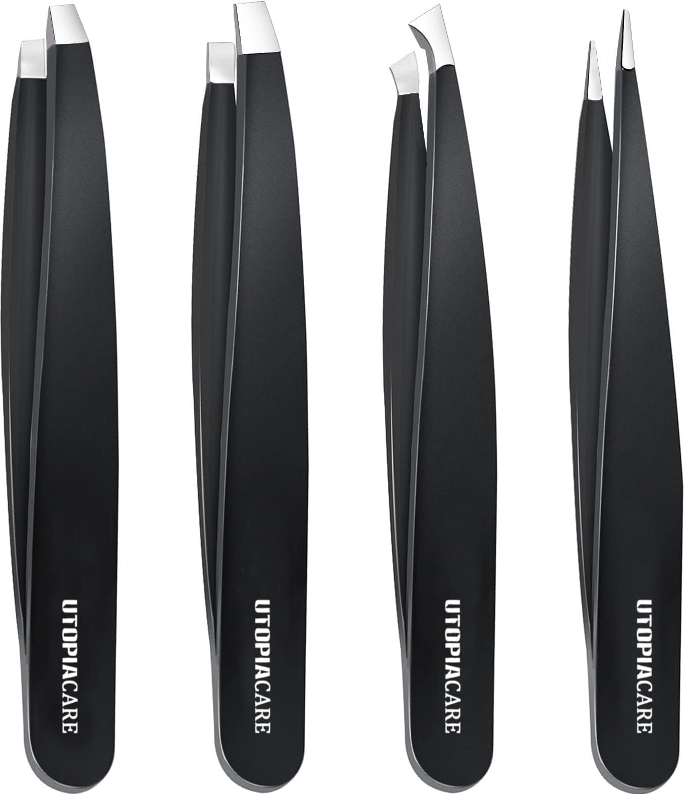Utopia Care - Professional Stainless Steel Tweezers Set (4-Piece) – Precision Tweezers for Ingrown Hair, Facial Hair, Splinter, Blackhead and Tick Remover (Black)