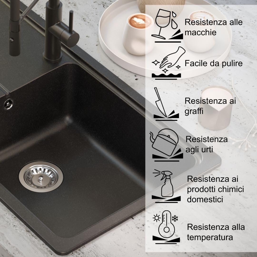 QUADRON NEAL 146 Lavello in granito per cucina, dimensioni: 100 x 50 x 21,5 cm, nero, lavello da cucina a vasca singola Set: lavello in granito + sifone manuale + tappo di copertura