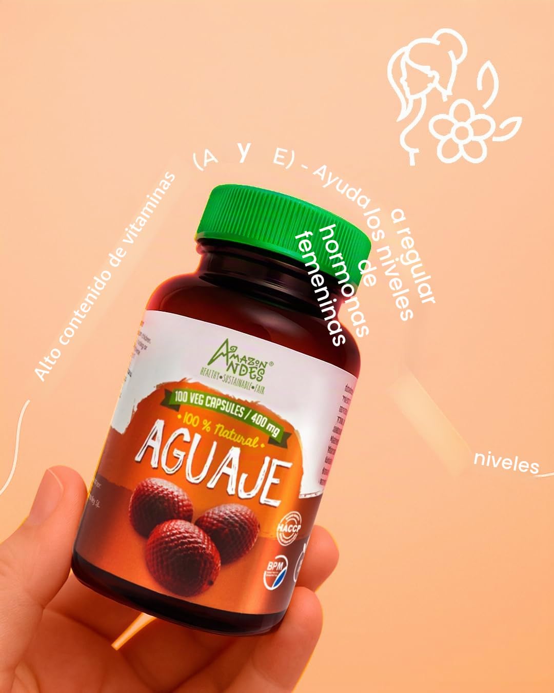 Amazon Andes Aguaje Cápsulas – Apoyador de la salud femenina y equilibrador hormonal – Cosechado silvestre en Perú y de origen sostenible – Sin OMG, comercio justo y sin gluten – Buriti 100 pastillas