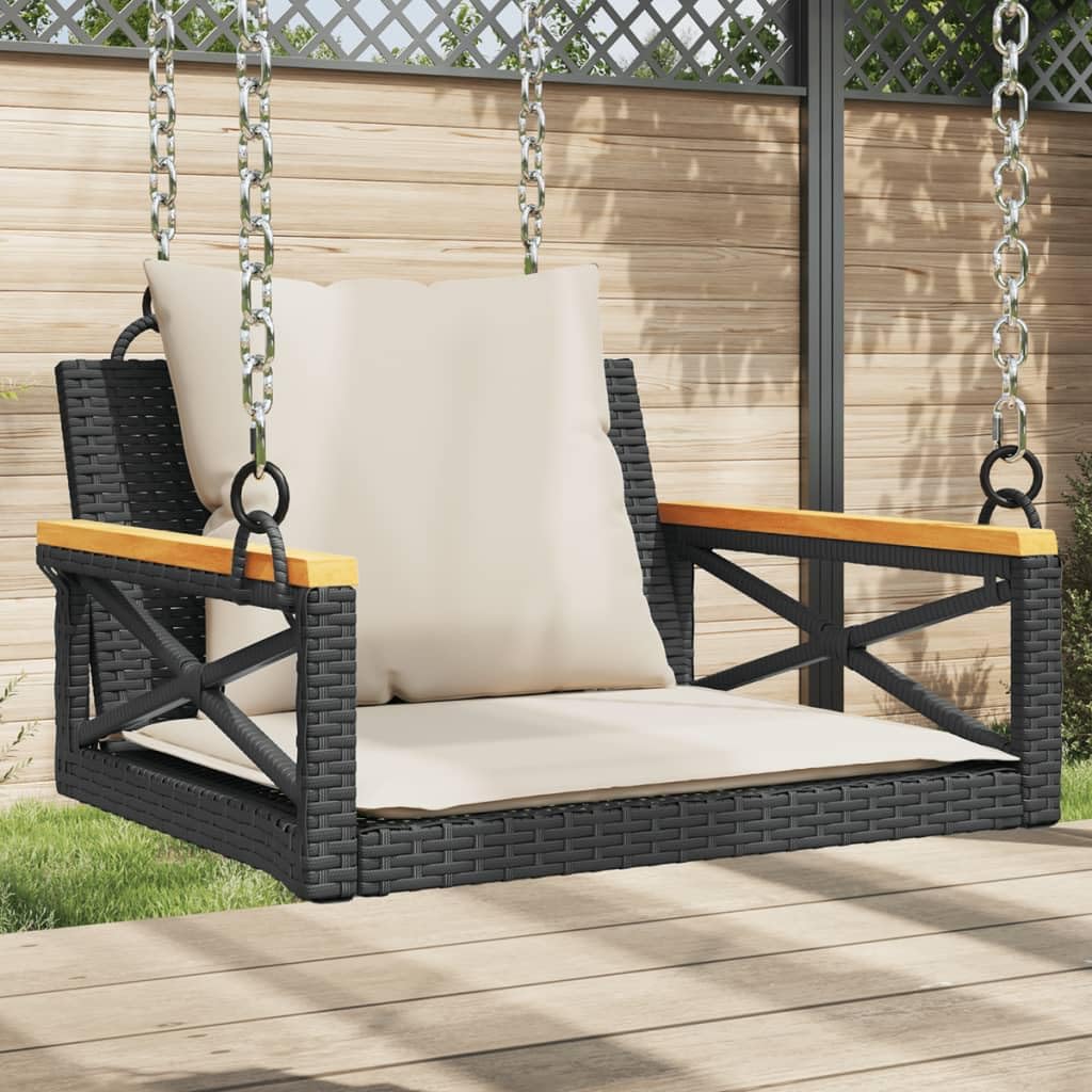 Hamaca colgante con cojín negro, 63 x 62 x 40 cm, polirratán, resistente a los rayos UV, 110 kg de capacidad de carga, para jardín, balcón, terraza