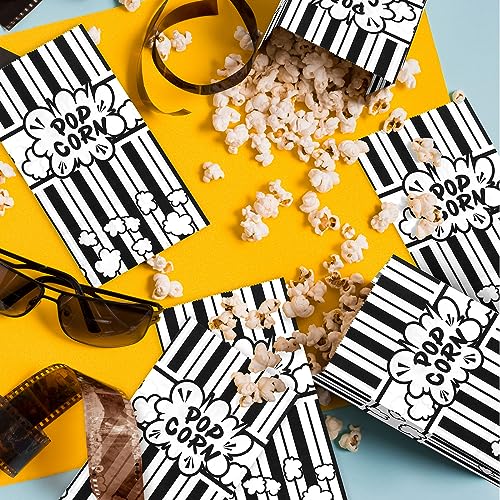 Image of Whaline 100Pcs Movie Night Paper Popcorn Bags 2Oz Black and White Stripe Flat Bottom Popcorn Container Grease Resistant Large Sleeve Popcorns Bucket Disposable for Retro Movie Themed Party Carnival