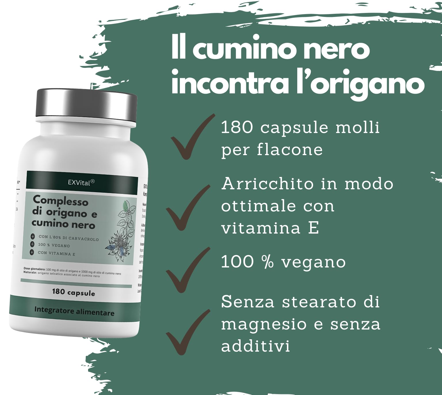 EXVital® Complesso di olio di origano e cumino nero, 180 capsule vegane, 100 mg di olio di origano e 1000 mg di olio di cumino nero al giorno, 80% di carvacrolo, altamente dosato e senza additivi